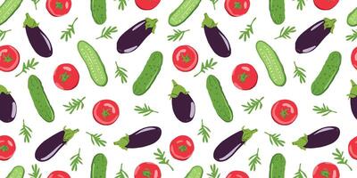 Vegetable seamless pattern with fresh tomatoes, cucumbers, eggplants and dill on a white background vector