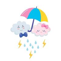 Cute anthropomorphic clouds under colorful umbrella with raindrops and lightning bolts in cartoon style vector