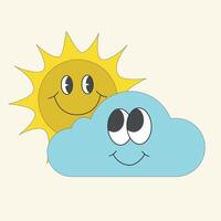Smiling sun and happy cloud illustration with cartoon eyes and cheerful expressions on a light background vector
