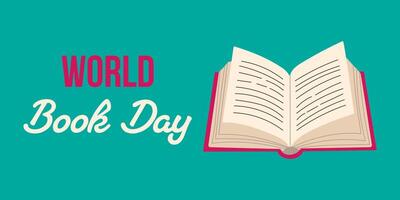 A book is open on a blue background with the words World Book Day written below it. Concept of celebrating the importance of reading and learning, as well as the joy of discovering new stories vector