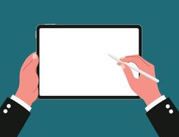 Top view of hands using and write with stylus pen for working, content creator, study meeting or lecture flat illustration on white screen. vector