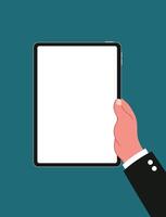 Top view of a man's hands using a blank tablet flat illustration on white screen. vector
