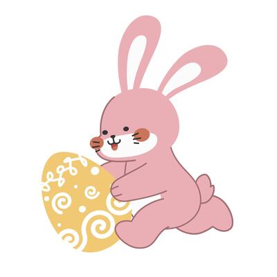Cute little pink Easter bunny carrying and running wit an Easter egg.