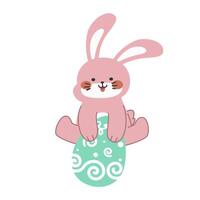 Cute smiling little rabbit with an pattern painted egg. vector