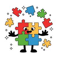 Happy Puzzle Character with Floating Pieces Illustration vector