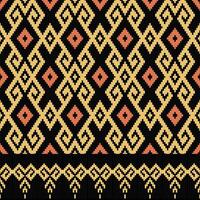 Yellow diamond-shaped geometric ethnic ikat seamless pattern with border on black for fabric textures, textile prints, and other digital prints. vector