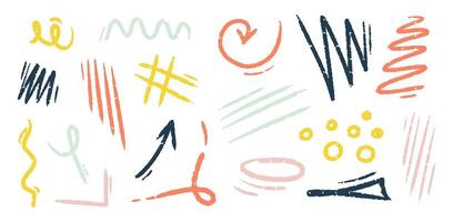 Chalk hand drawn arrow, marker lines, underlines, crayon brush scribbles, grunge texture, zig zag. Color doodle sketch elements. vector