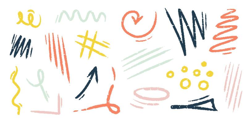 Chalk hand drawn arrow, marker lines, underlines, crayon brush scribbles, grunge texture, zig zag. Color doodle sketch elements.
