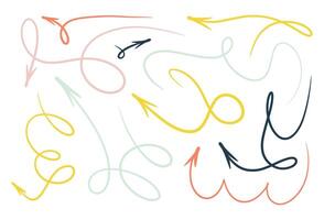 Squiggly arrow, bounce line, doodle color design motion set, hand drawn playful lines on white background vector