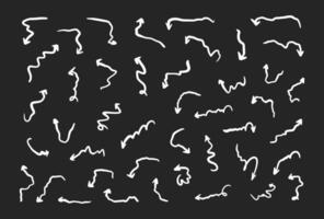 Squiggly arrow doodle set. Hand drawn line fun playful bounce icons, white jump thick motion design elements. Movement symbol on blackboard vector
