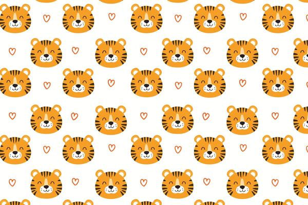 A pattern with cute tiger faces and hearts flat design