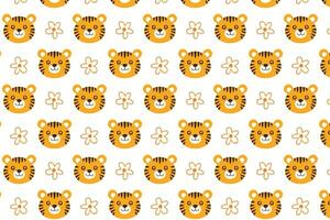 A pattern with a cute tiger's face and flowers background vector