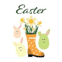Spring Easter card with flowers in a boot and Easter eggs, bunnies. vector