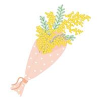 Bouquet of yellow mimosa wrapped in decorative paper with heart, tied with a ribbon. Floral illustration in a soft, elegant style for spring holidays vector