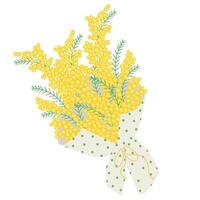 Bouquet of yellow mimosa wrapped in decorative paper with dots, tied with a ribbon. Floral illustration in a soft, elegant style for spring holidays vector