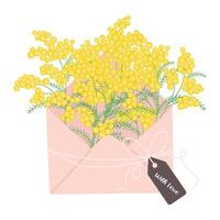 Bouquet of yellow mimosa in envelope. Spring mood. Floral illustration in a soft, elegant style for spring holidays vector