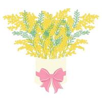Bouquet of yellow mimosa in round box tied with ribbon with bow. Floral illustration in a soft, elegant style for spring holidays vector