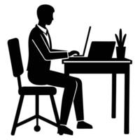 Silhouette of a man sitting at a desk with a laptop vector
