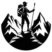 A silhouette of a man with a backpack and a pole standing on top of a mountain vector