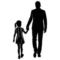 Silhouette of a man and a little girl walking together vector