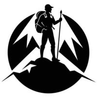 A silhouette of a man with a backpack and a pole vector