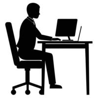 Silhouette of a man sitting at a desk with a computer vector