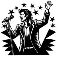 A man singing into a microphone with stars in the background vector