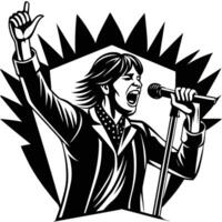 A woman singing into a microphone with her hand up vector
