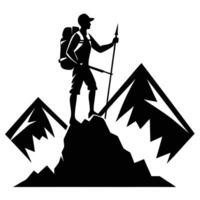 Hiker on mountain with backpack and poles vector