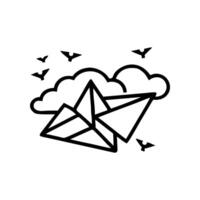 A black and white drawing of a paper airplane with birds flying around it vector