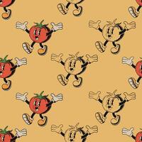 Retro style tomato cartoon character seamless pattern vector