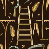Seamless watercolor pattern on the theme of harvesting. Rake, scythe, sickle, ladder, ears of wheat and wheat grains, all objects are hand-drawn in watercolor. For printing on fabric, paper vector