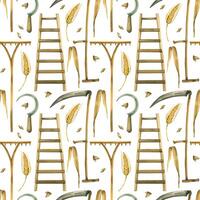 Watercolor seamless pattern harvesting, scythe for cutting grass, wheat, sickle, rake for collecting grass, ears of wheat, grains. All objects are hand-drawn with watercolors. For printing on fabric vector