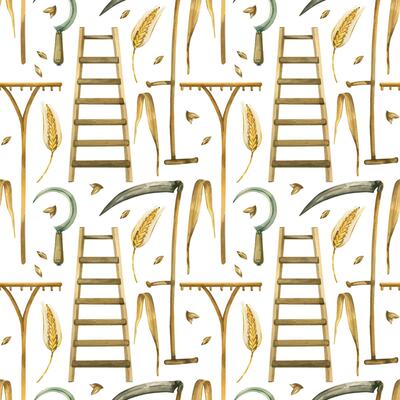 Watercolor seamless pattern harvesting, scythe for cutting grass, wheat, sickle, rake for collecting grass, ears of wheat, grains. All objects are hand-drawn with watercolors. For printing on fabric