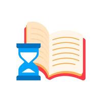 Flat illustration of an hourglass with an open book. reading time and patience. Perfect for education, literacy campaigns, time management, and book related content in a minimalist and modern style vector