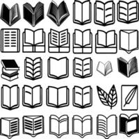 illustration, book icons collection, and logo isolated on white backdrop. Icons for Books vector