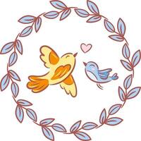 Two cute birds in a sketched style together with a heart, symbolizing love. They are framed by a circular wreath of leaves, creating a harmonious and charming illustration that embraces affection. vector