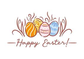 A cheerful Easter card featuring colorful Easter eggs hidden among lush green grass. The vibrant hues of the eggs contrast beautifully with the natural setting, evoking joy and celebration. vector