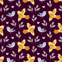 A seamless pattern featuring cute, sketched birds paired, heart, beautifully symbolizing love. Delicate branches adorned with leaves create a charming backdrop, perfect for romantic designs and motifs vector