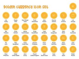 Set of golden-coloured global currency coin icon set flat design vector