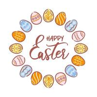 A charming round frame made of beautifully decorated Easter eggs, featuring an array of vibrant colors and patterns. This delightful illustration embodies the spirit of Easter, perfect for invitations vector