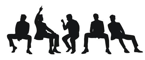 Silhouetted group of men in suits engaged in various poses during a formal gathering in a modern setting vector