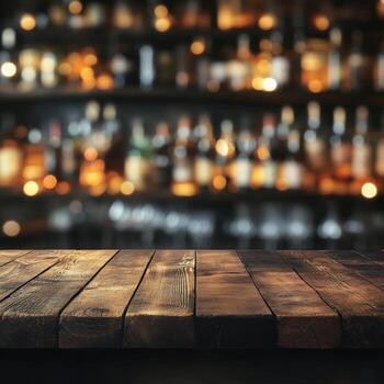 de madera mesa con borroso antecedentes en bar foto