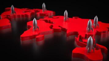 Rocket on red world map 3d Rendering. photo