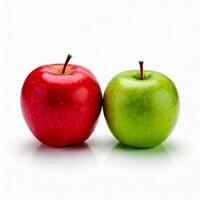 One red apple beside green apple in an isolated white background photo