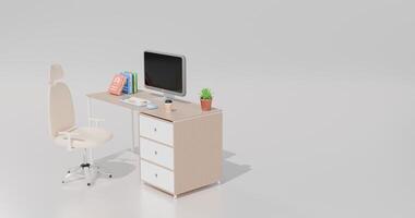 A computer desk with a chair and a computer photo