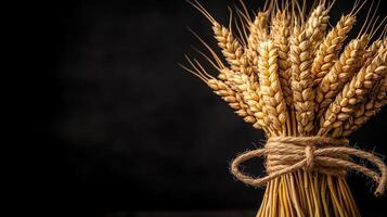 Bundle of golden wheat on a dark background. photo