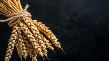 Fresh wheat stalks tied with twine. photo