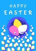 Easter greeting card, easter eggs in nest behind willows twigs. Vibrant poster design in minimalist flat style vector