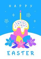 Happy Easter greeting card with Easter cake and colored eggs on yellow background. Poster design in modern minimalist flat style. vector